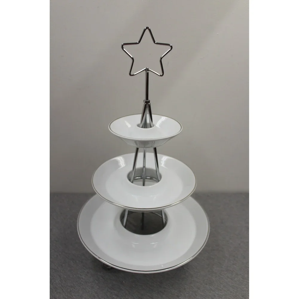 Towle Server White Christmas Tree Three Tiered Ceramic Silver Trim Star Vintage
